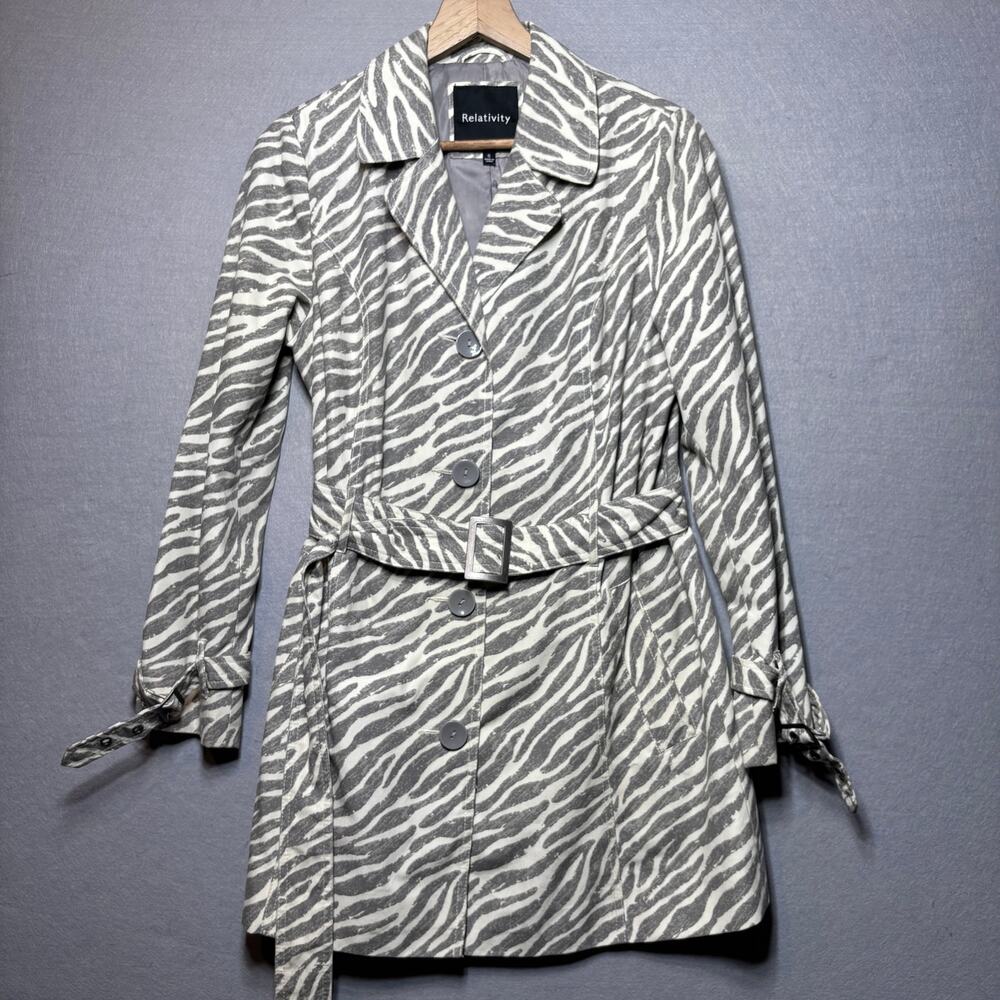 Relativity Short Trench Coat S Gray Zebra Print Belted Statement Retro Glam Chic